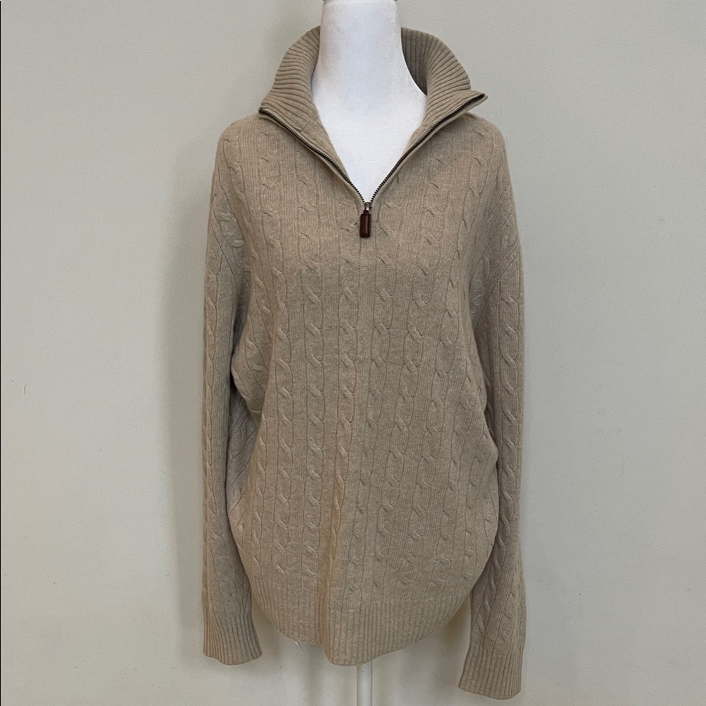 J. Crew Beige Cable Knit Lambswool 1/4 zip Sweater Size Large